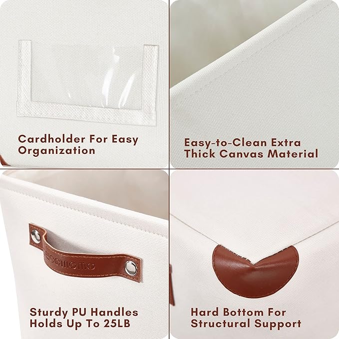 DECOMOMO White Storage Bins Fabric Storage Baskets for Shelves & Linen Closet Organization (Creamy White W/ Label holder, Large - 3 Pack)