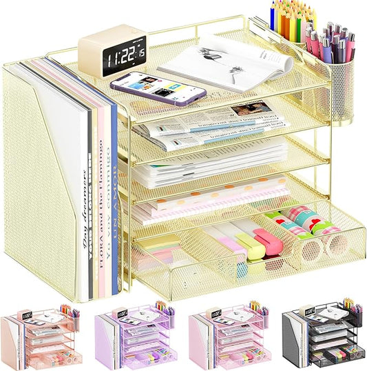 Desk Organizers and Accessories, 5-Tier Paper File Organizer with Drawer & Pen Holder, Office Desk Accessories Workspace Desktop Organizer for Office Supplies(Gold)