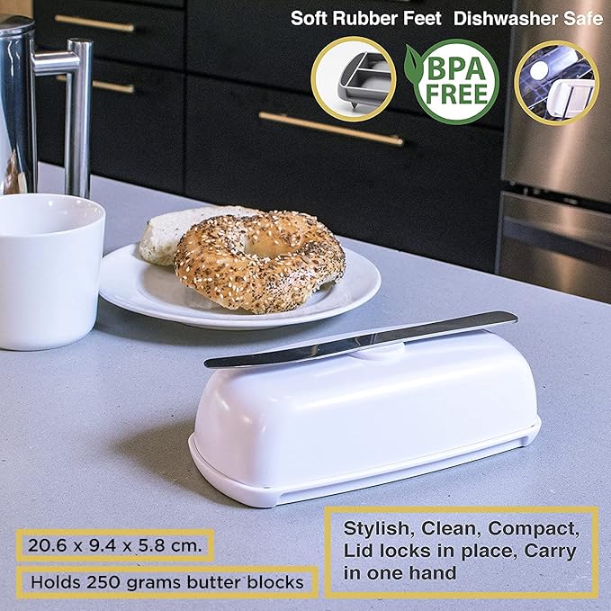 Butter Hub Extra Large Butter Dish with Lid and Knife, European Size Magnetic Butter Keeper, Easy Scoop, No Mess Lid, Plastic, Dishwasher Safe (White, European / 2 Sticks)