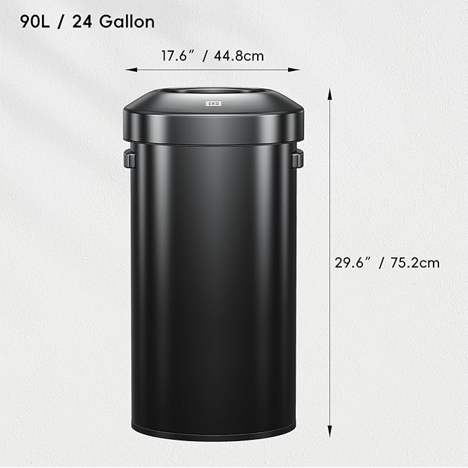 EKO Urban 24 Gallon Round Black Stainless Steel Open Top Waste Bin, Tall Commercial Trash Can for Indoor/Outdoor, Extra Large Metal Garbage Bin for Office, Restaurant, Restroom, 90L