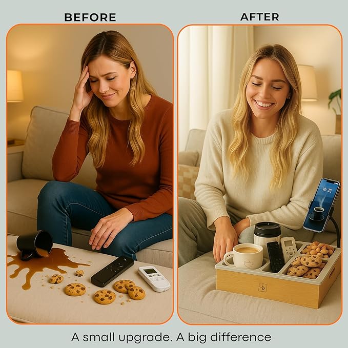 Couch Caddy with Cup Holder | Bamboo Couch Cup Holder Tray for Drinks, Snacks & Remotes | Couch Tray for Bed, Car Seat & Beach Organizer (Black)