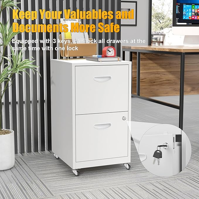 2 Drawer Mobile File Cabinet with Lock, Metal Filing Cabinets with Wheels, White Rolling Storage Cabinet, Under Desk Vertical File Cabinet for Home Office, Lockable Steel Two Drawer for Letter Size