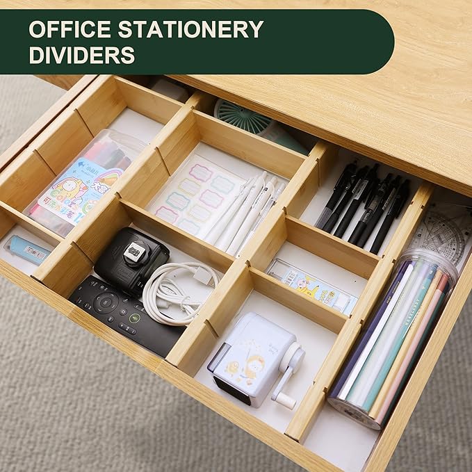 Utoplike Kitchen Drawer Divider with Inserts, Bamboo Drawers Organizer Adjustable, 4 pcs Large Expandable Wood Socks Drawer Organization for Dresser, Office, Spring Loaded
