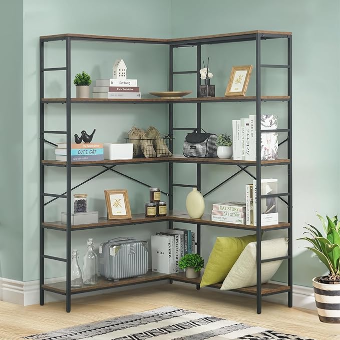 CAPHAUS L-Shaped Bookshelf, 5 Tier Industrial Corner Bookcase, Tall Corner Shelf with Metal Frame, Wooden Board, Open Display Shelf for Living Room, Bedroom, Home and Office, Rustic Oak