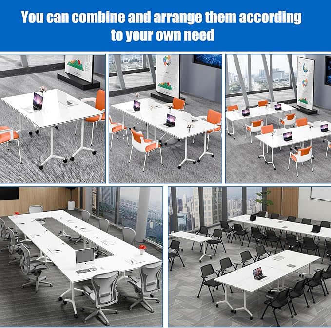 Conference Table, Folding Conference Desk Modern White, Seminar Table with Wheels, 2-10 People for Office, Meeting Break Room (6, 1915, 71IN)