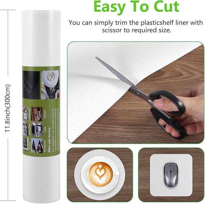 Shelf Liners for Kitchen Cabinets Non Adhesive Drawer Liner for Bathroom Waterproof Refrigerator Liners for Shelves Fridge Plastic Mats Cabinet Cupboard Liner White 11.8 x 118 Inches