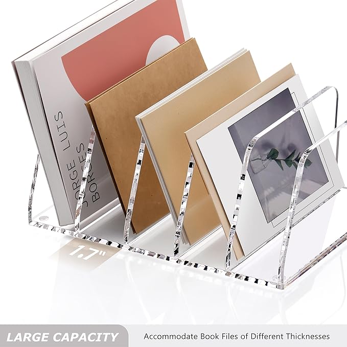 SANRUI Acrylic File Organizer for Desk, Clear 5-Section Vertical File Folder Holder Stand File Sorters, Mail Envelope Document Organization Rack Bookshelf for Office, Home, Classroom