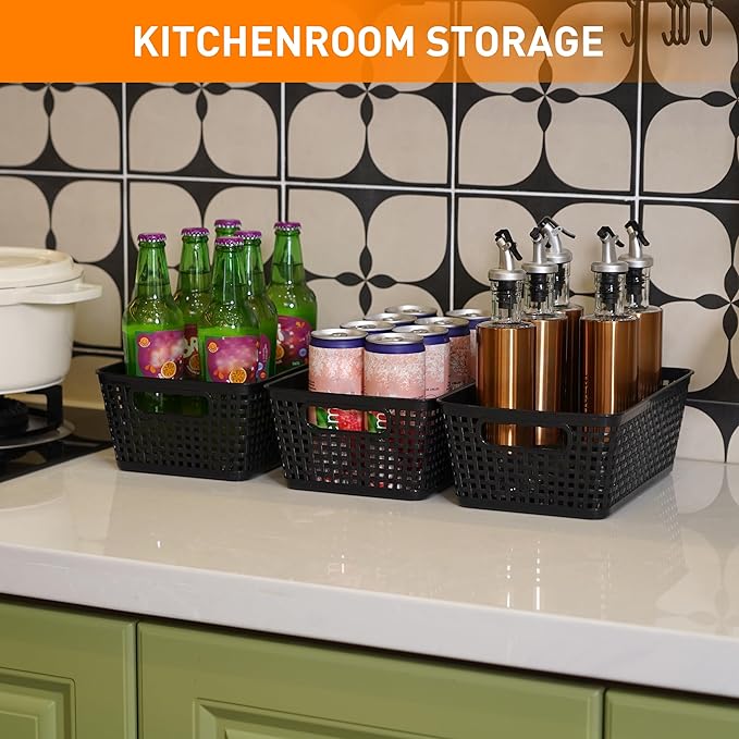 Plastic Storage Baskets With Lid, Storage Bins for Organizing, Stackable Decorative Containers for Shelves Drawers Desktop Closet Playroom Classroom Office,10 Pack-Black