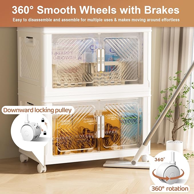 Storage Bins with Lid 76QT, Stackable Storage Containers with Wheels and Magnetic Doors, Plastic Clothes Closet Organizers and Storage Box for Home and Office (4 Pack)