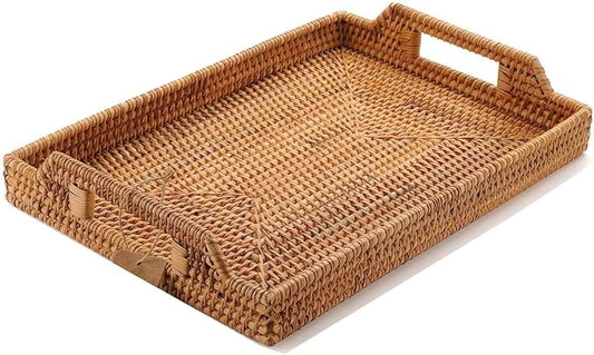 Hand-Woven Rattan Serving Tray with Handles for Breakfast, Drinks, Snack for Dining/Coffee Table (17 inch (43 cm), Rectangular)