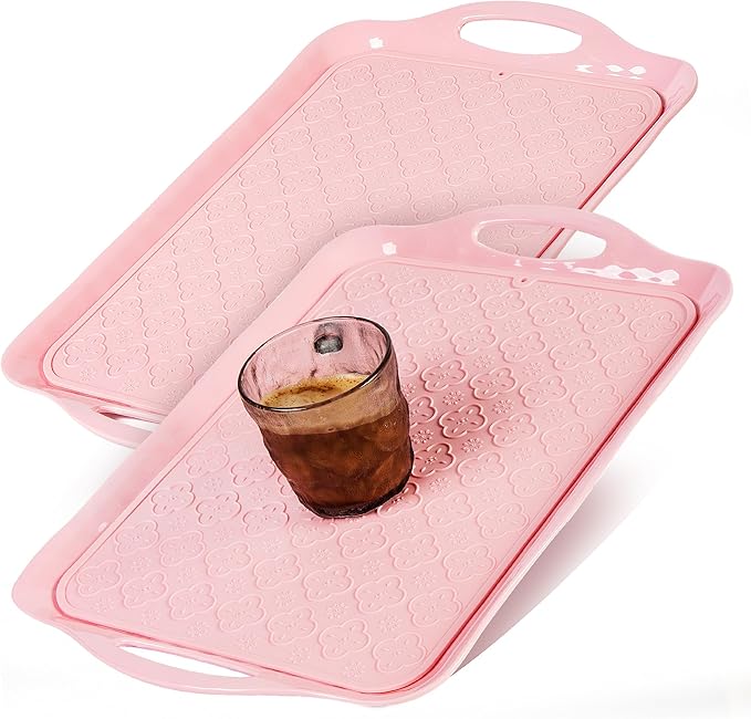 LEHAHA Melamine Serving Tray with Handles, 17.25 x 12 Inch Aesthetic Serving Platters and Trays with Curved Sides, Tray for Lunch, Coffee, or Breakfast, 4pcs Set, Silicone placemats Included,Pink