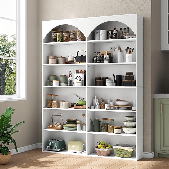 70.8’’ Tall Bookshelf and Bookcase of 2 pcs, 7-Tier Double Wide Bookcase Modern Large Open Display Shelves with Curved Baffle for Home Office Living Room (White-2pcs)
