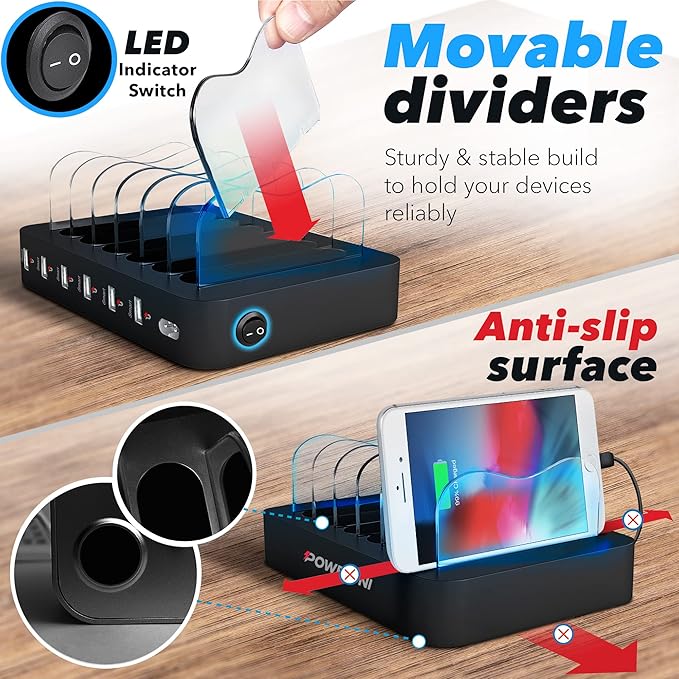 USB Charging Station - 6 Port Universal Charging Station for Multiple Devices - Multi Device Charger Dock - Compatible with Apple, iPad, iPhone, Android Cell Phones, and Tablets - Black