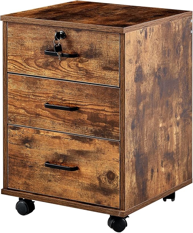 File Cabinet with Lock 3 Drawer Mobile Filing Cabinet with 360° Swivel Wheels, Under Desk Storage Cabinet Wooden File Organizer for Legal/Letter/A4 Documents, Home Office Storage (Brown)