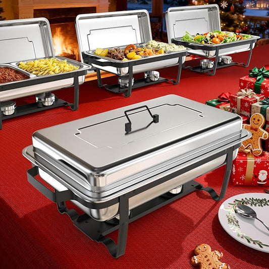 sifer 9Qt 4Pack Chafing Dishes for Buffet [Multi-Size Food Pans] | Chafing Dishes with Screwless Assembly & Stackable [Easy to Store] Design for Wedding/Home/Christmas Buffets, Black