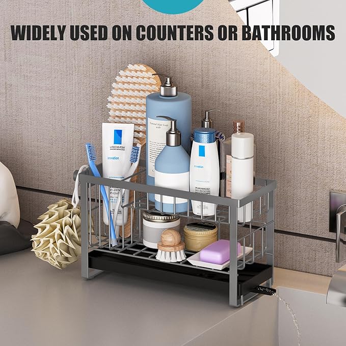 Sponge Holder for Kitchen Sink with Flexible Sponge Holder Smiley Face,2 Tier Kitchen Sink Organizer Countertop and Storage Essentials,Soap Dispenser Organize,Home Decor Accessories-Gray