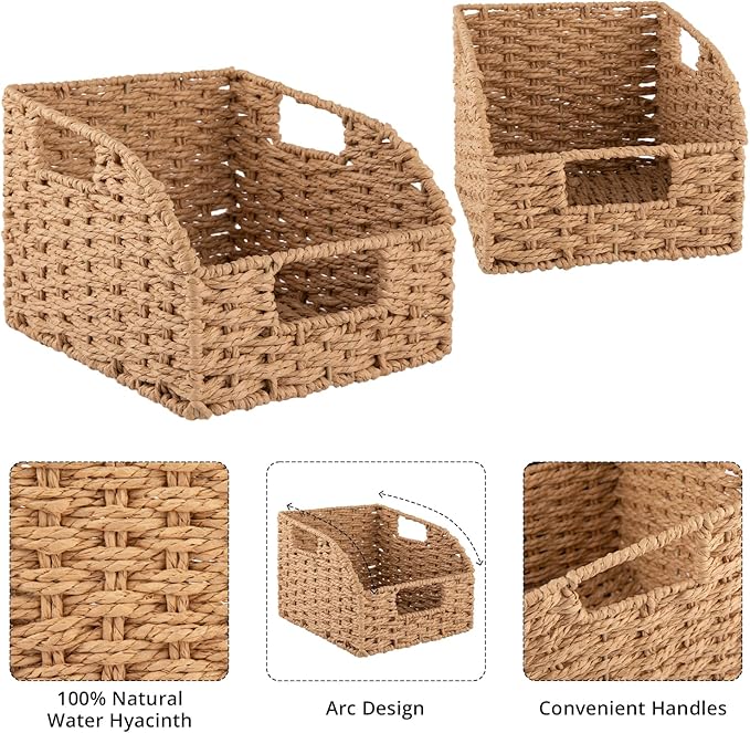 OIAHOMY Pantry Baskets for Organizing, Paper Rope Baskets with Built-in Handles, Wicker Storage Bins for Shelves, 2 Pack-Yellow