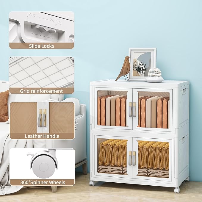 Large Clear Stackable Storage Bins with Lids, Foldable Storage Cabinet for Closet Organizers and Storage, Plastic Storage Box with Wheels 199 QT