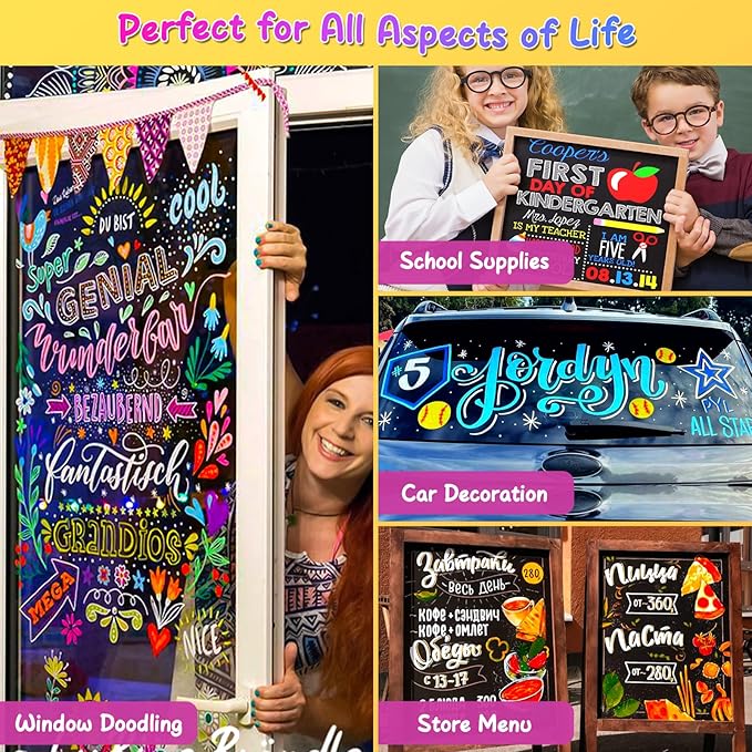 SFAIH 24 Vibrant Chalk Markers for Blackboard [1s Wet Wipe] - No Residue, 4.5-6mm Liquid Chalk Markers for School Sign Board, Calendar, Car Window, Glass, Non-Toxic, Zero Dust, With Highlighter Marker