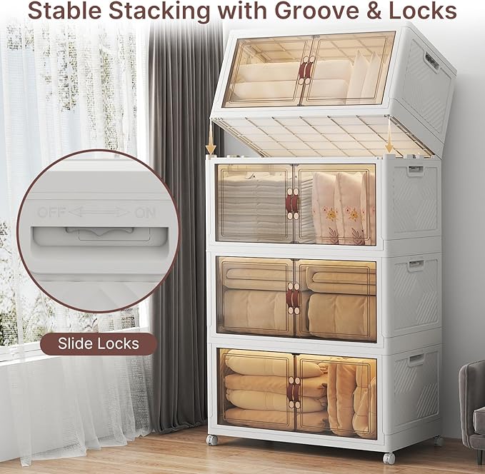 640Qt Stackable Storage Bins with Lids, 4 Pack Large Collapsible Bins with Wheels, Plastic Cabinet with Doors, Foldable Closet Organizers and Storage for Home, Dorm, Office, White