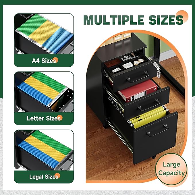 Letaya 3 Drawer Mobile File Cabinet with Lock,Under Desk Metal Filing Cabinets for Home Office Organizer,Small Rolling Printer Stand with Wheels,for Letters/Legal/A4(Assembly Required) (Black)