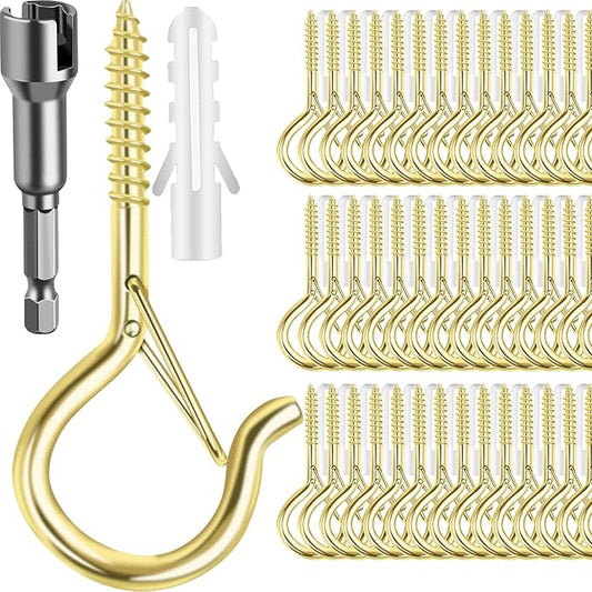 96 PCS Q-Hanger Hooks, Screw Hooks for Outdoor String Lights, Safety Buckle Design Cup Eye Hook for Hanging Christmas Lights, Plants, Mounted on Wall Ceiling, Include 1 Wing Nut Driver, Gold