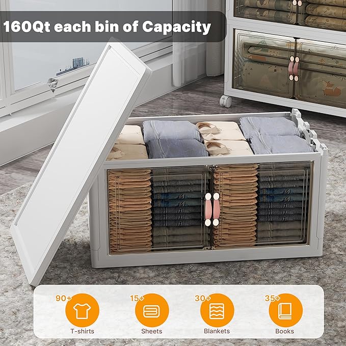 Extra Large Stackable Storage Bins with Lids & Wheels & Door, 480QT-160QT/40GAL*3Pack Foldable Collapsible Closet Organizers, Plastic containers drawers for bedroom Dorm