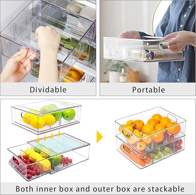Mano Fridge Drawer Pull Out Stackable Bins with Handle Clear Refrigerator Drawers Organizer Food Storage Container Box with Dividers Plastic Produce Saver for Pantry, Cabinet, Kitchen, Clothes（4Pack）