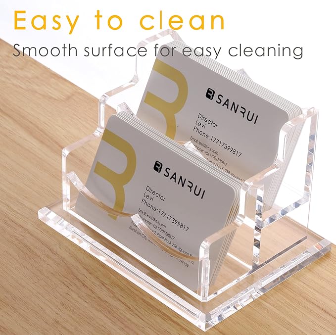 SANRUI Clear Horizontal Business Card Holder Stand for Desk, Acrylic Desktop Display Name Cards Holders Organizer Storage Rack,for Exhibition, Home , Office ,2 Tier 2 Pocket , 120 Card Capacity