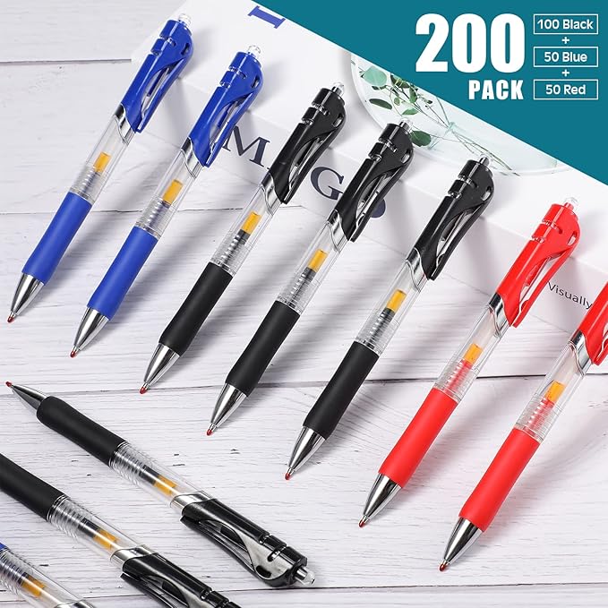 Spakon 200 Pieces Gel Pens Bulk Retractable Ink Ballpoint Pen Bulk Rolling Ball Medium Point 0.5mm Ballpoints with Soft Grip for Journal Writing Office Home(Blue, Red, Black)