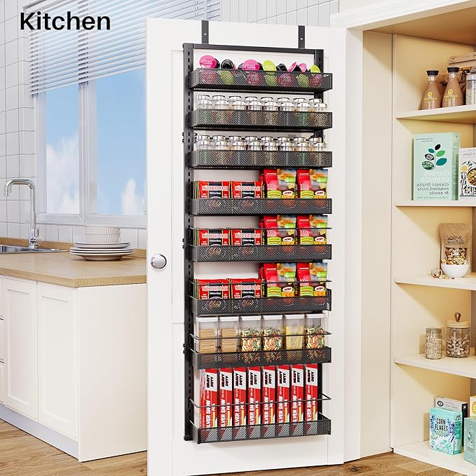 SNTD Over the Door Pantry Organizer - 8 Tier Adjustable Pantry Door Spice Organizer, Large Capacity Hanging Door Spice Rack for Kitchen Pantry Organizers and Storage (Black, 17" W x 6" D x 69" H)