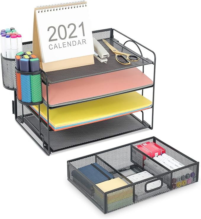 Marbrasse Desk Organizer and Accessories4-Tier Paper File Letter Tray Accessories & Workspace Desk Organizers with Drawer and 2 Pen Holders for School Home Office Supplies (Black)