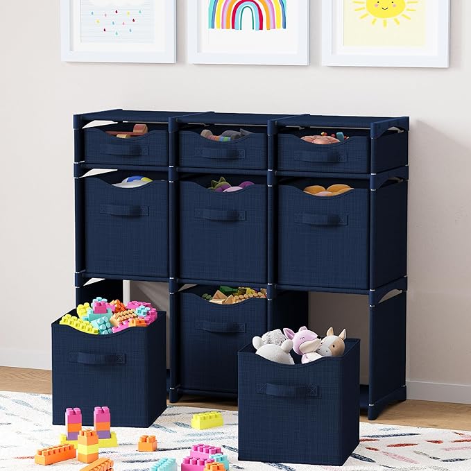 9 Cube Distressed Organizer with Drawers - Easy Assemble - Baby, Kids Dorm Room Organizer (Navy)