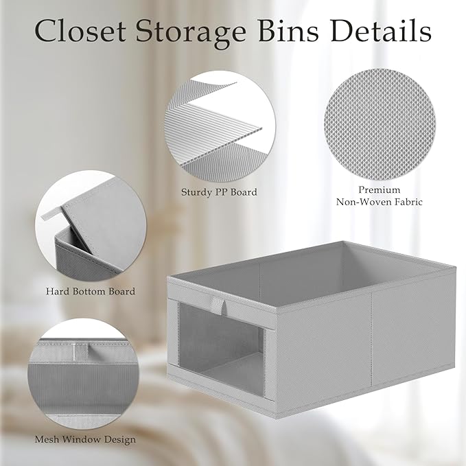 Criusia 4 Pack Linen Closet Organizers and Storage, Closet organizer Large Linen Closet Baskets for Organization, Foldable Storage Containers for Towels, Clothing, Jeans, Books, Shelves,Grey
