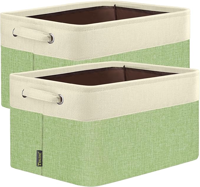 BALEINE 2 Pack Fabric Storage Bins for Shelves, Linen Storage Baskets for Organizing, Decorative Closet Bins for Clothes, Home (Green, 17''x13''x10.5'')