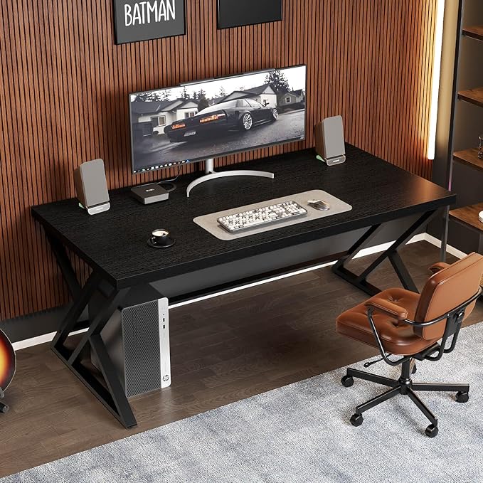 LVB Black Computer Desk, Modern Gaming PC Writing Desk for Home Office, Metal Computer Study Work Table for Bedroom, Industrial Executive Student Simple Workstation Desk, 55 in, Black Oak