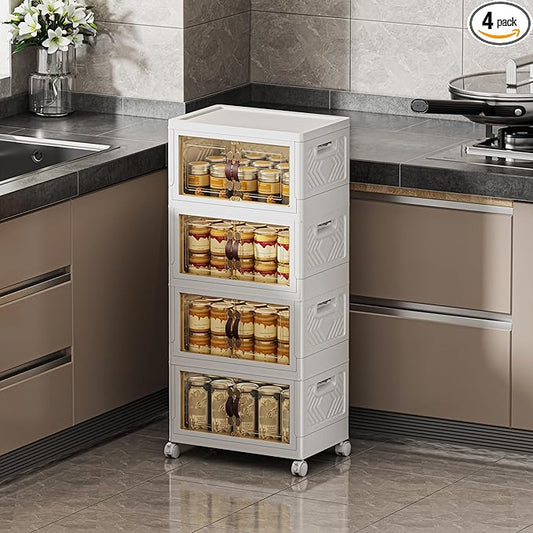 104 QT / 26 Gal Stackable Storage Bins with 1 Lid, Collapsible Plastic Organizer Cabinet with Wheels & Magnetic Doors for Closet, Home, Office – White Containers