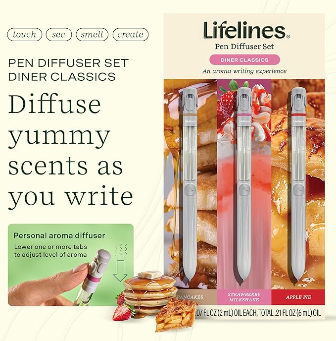 Lifelines Pen Diffuser Set, Diner Classics 3-Pack - 1mm Black Ballpoint Pens with Scented Essential Oil Blends – Aromatherapy Diffuser & Sensory Immersion Diffuse Aroma As You Write