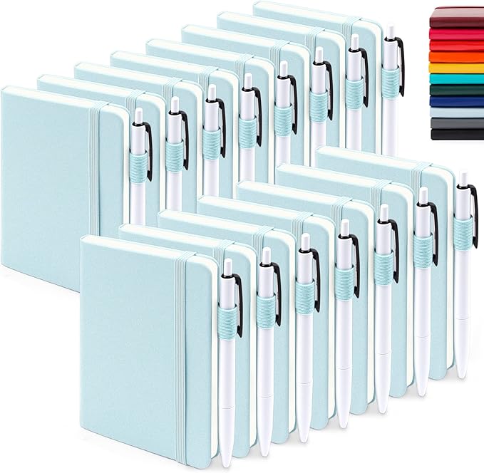 feela 15 Pack Pocket Small Notebooks Bulk, Mini Cute Memo Notepads Hardcover College Ruled Lined Journals with Pen Holder for Women Girls Office School, with 15 Black Pens, 3.5”x 5.5”, A6, Sky Blue