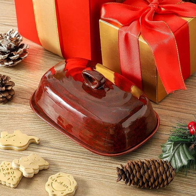 Hasense Butter Dish with Lid for Countertop, Ceramic Butter Tray with Handle, Large Butter Keeper Holder for West East Coast Butter, Modern Kitchen Christmas Decor, New Year, Thanksgiving Gift, Red