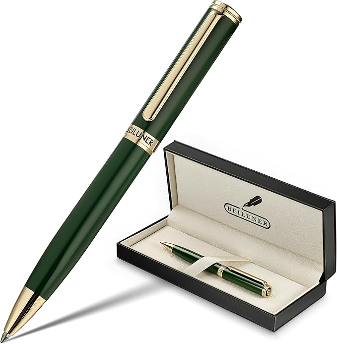 BEILUNER Luxury Gel Pen with 24K Gold Finish, Green Piano Lacquer, Luxury Grade Craftsmanship, Fancy Pen Gift Set for Men and Women, Graduation Gift, Executive, Office, Retractable, Nice Pen Set