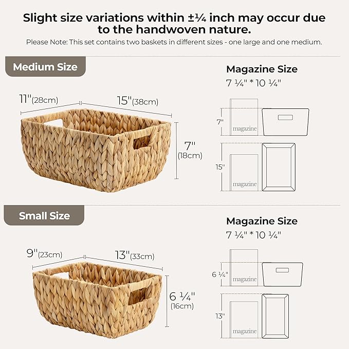 StorageWorks Wicker Baskets for Organizing, Handwoven Storage Basket with Built-in Handles, Water Hyacinth Organizer for Home Decor, Set of 2