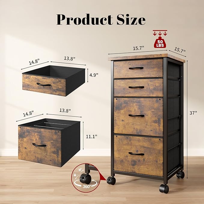 4 Drawers Mobile File Cabinet Vertical Filing Cabinet with Fabric Drawer Fits A4/Letter Size Printer Stand for Home Office，Rustic Brown