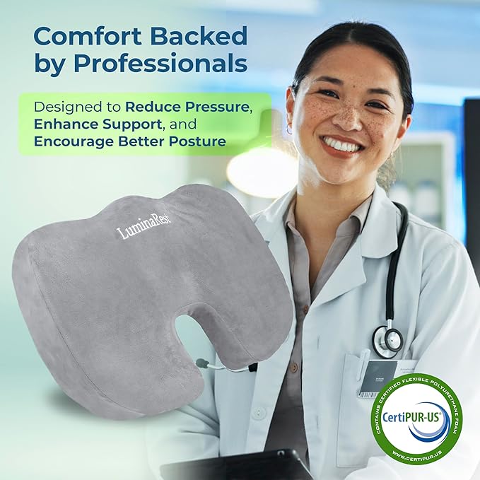LuminaRest® Gel Enhanced Seat Cushion for Long Sitting – CertiPUR-US® Certified Memory Foam – Premium Gel Tailbone Pain Relief Cushion, Adaptable for Office, Car, Airplane & Wheelchair – (Gray)