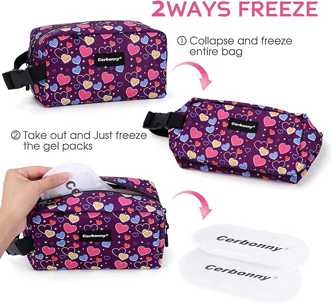Cerbonny Freezable Lunch Cooler for Work, School, Travel - Leak-proof Insulated Bag for Kids/Adults, Fits Yogurt (Purple Heart)