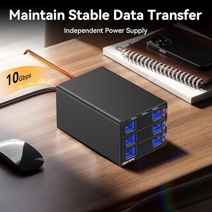 Hybrid 2*2.5/3.5" SATA HDD/SSD+3* M / B+M Key M.2 NVMe Enclosure with Cooling Fan and USB A/C 3.2 Gen 2, Hard Drive Enclosure Support 68TB(2*22TB HDD+3*8TB 2230/2242/2260/2280/22110 SSDs)