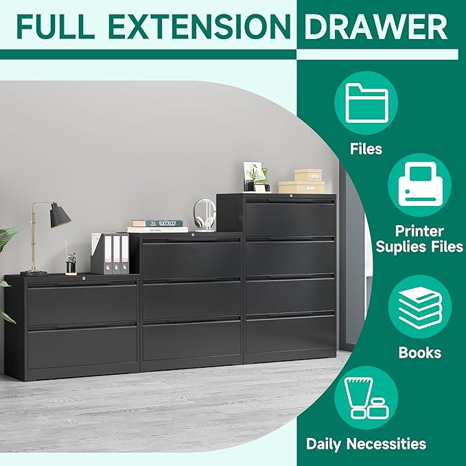 Metal Steel Filling Cabinets for Home Office - 4 Drawer Lockable Lateral File Cabinet for Hanging Files Letter/Legal/F4/A4 Size, Assembly Required - Black