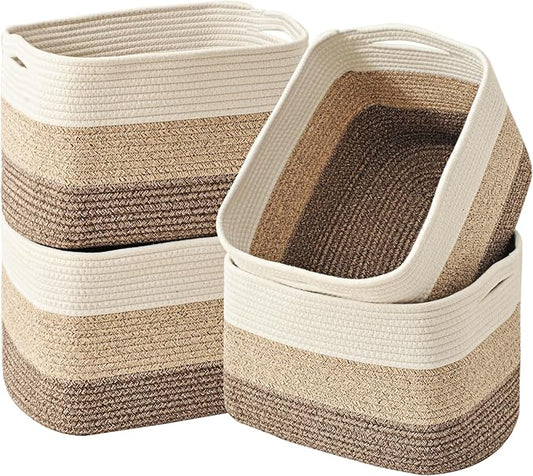 Storage Baskets for Organizing & Shelves, Woven Cotton Rope Organization Bins for Dog Toys, Clothes, Books, Nursery Organizer, 15"Lx11"Wx9.5"H, (4 Packs) Gradient Brown