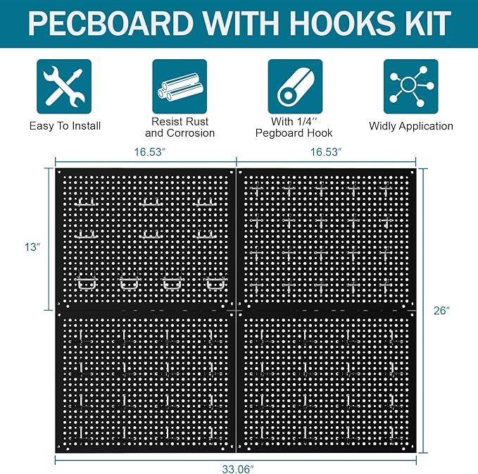 Metal Peg Board Kit with 1/4" Pegboard Accessories,Include 16.5"X13" Peg Board and Extra Thick Pegboard Accessories,Wall Organizer Peg Board Panels Tool Organizer Storage System (98)