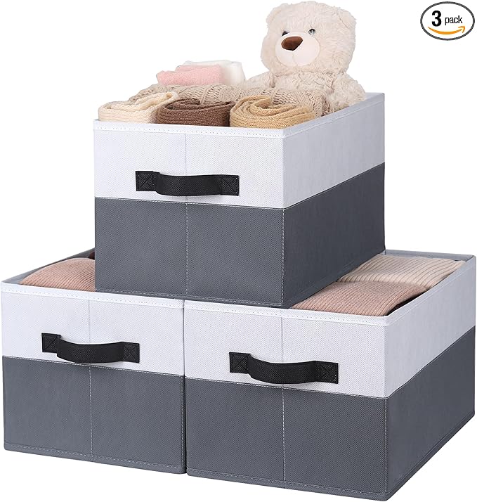 WUIKE Fabric Storage Bins, Extra Large Baskets for Organizing, Storage Bins for Shelves with Handles, Closet Organizer for Clothes, Gray & White, Extra Large, 3-Pack